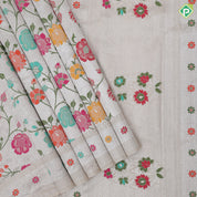 Silver grey multi color meena work banaras design self designed border tusser tissue saree