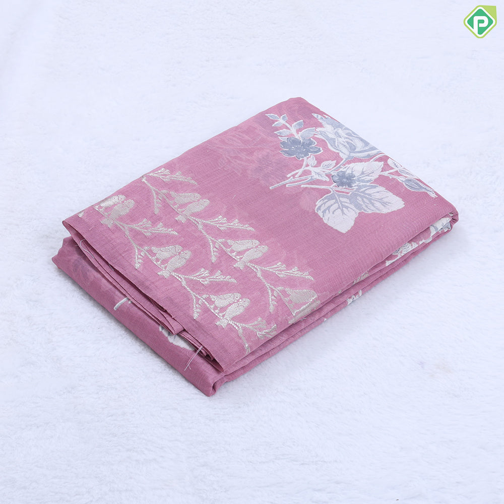 Grey with flower bunch design self Silver zari couple birds on branch fancy cotton saree