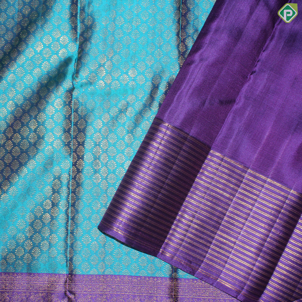 Peacock Blue Gold Zari Line Border Traditional Silk Saree
