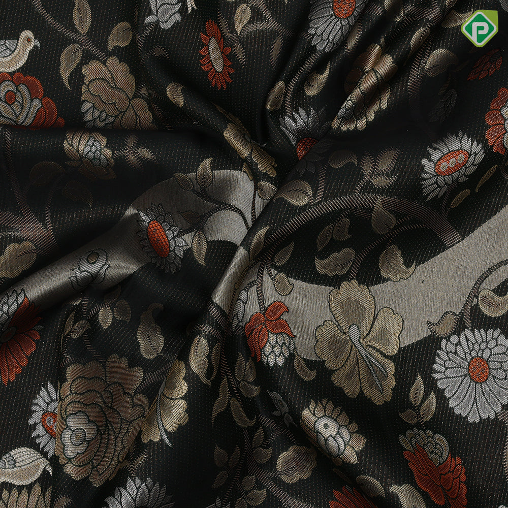 Dark emerald green molten golden zari birds grand tree florals diamond pattern borders landscape inspired signature silk saree