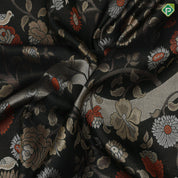 Dark emerald green molten golden zari birds grand tree florals diamond pattern borders landscape inspired signature silk saree