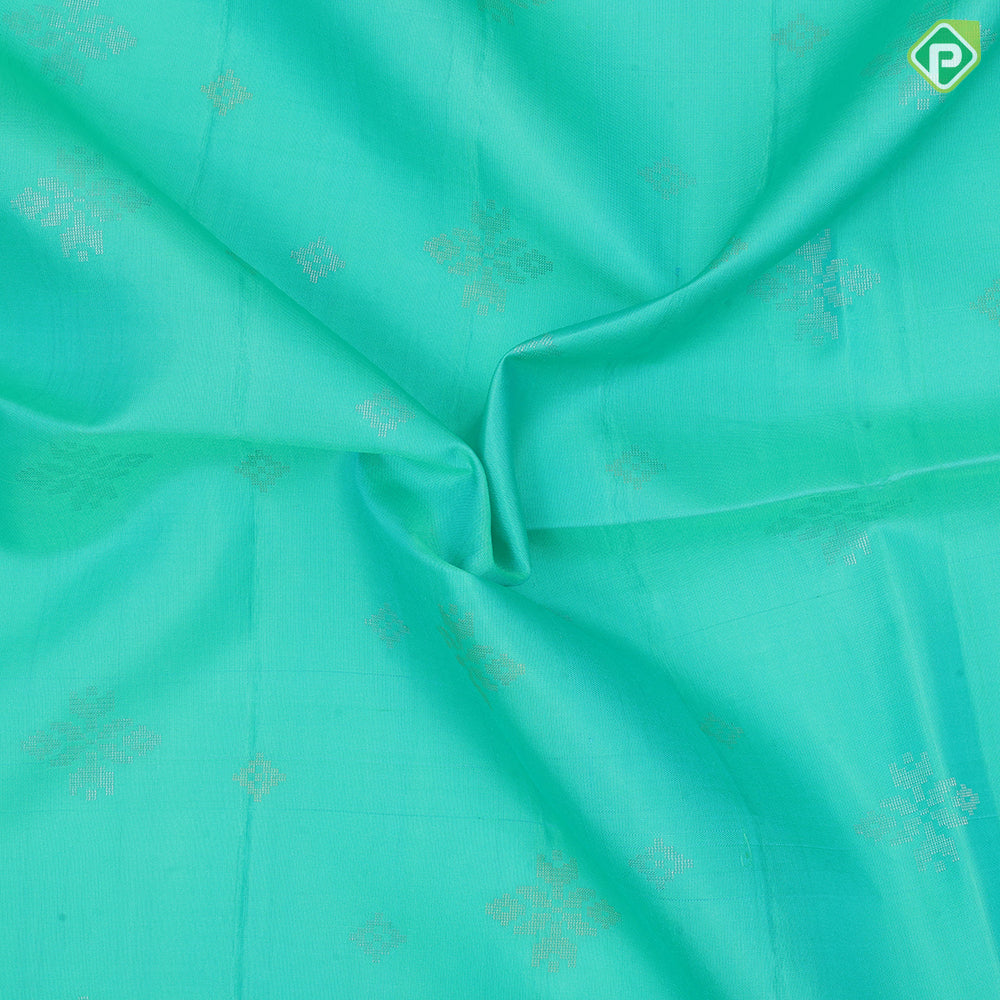 Spring green silver gold zari fancy flower butta motifs sea green silver gold zari graphic design border soft silk saree