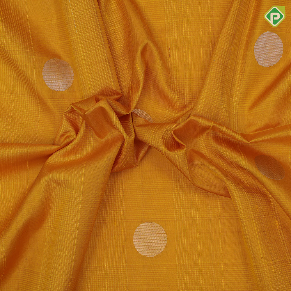Emarald green silver gold zari round dots self gold zari border contrast orange pallu soft silk saree