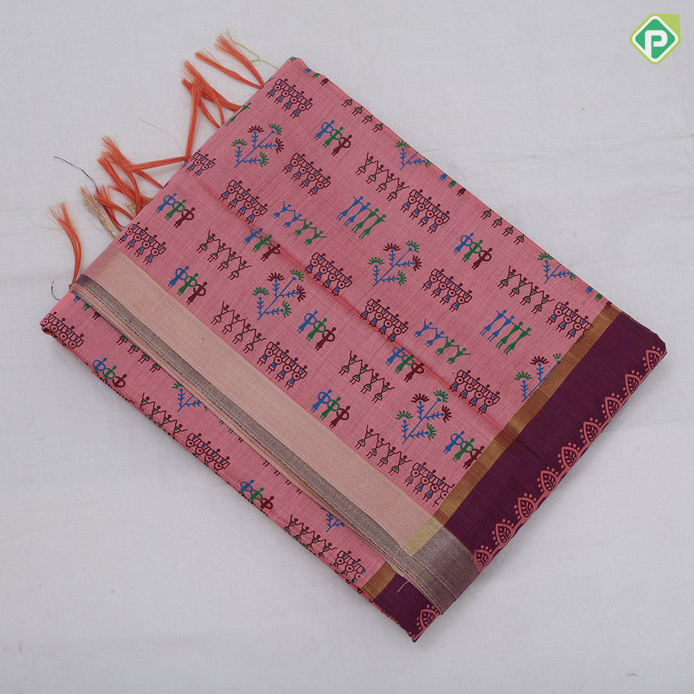 Peach Pink Printed Design Plan Tissue Type Border Design Fancy Cotton Saree