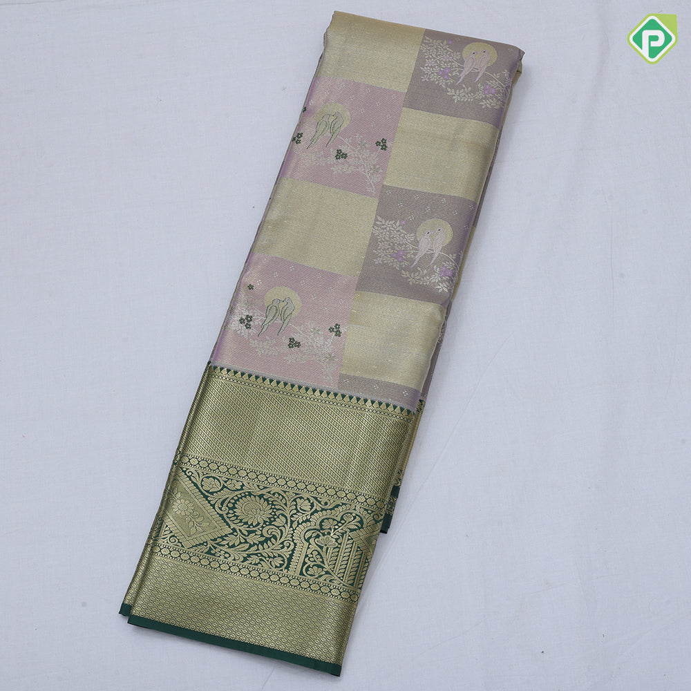 Orange base multi color double sparrow design rani pink gold zari grand border tissue art silk saree