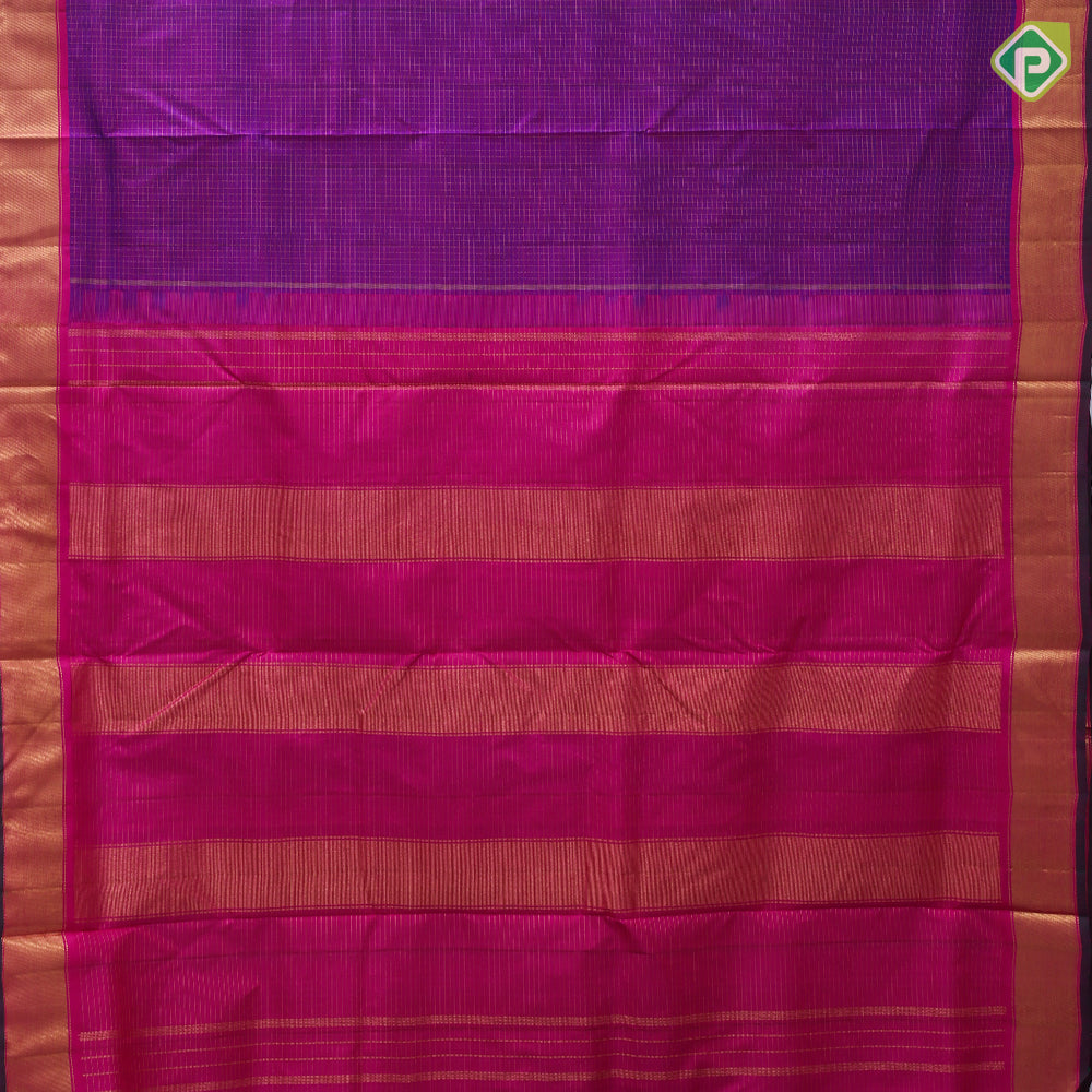Purple gold zari vairaoosi checks design rani pink gold zari bavanji green edge border 9 yards madisar silk saree