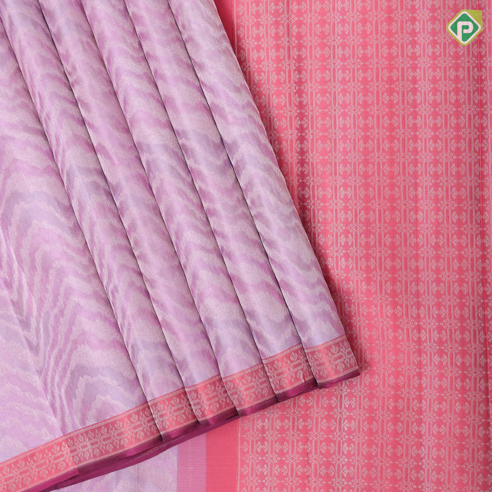 Baby pink silver and gold zari zig zag chevron pattern light pink silver zari edge border trendy designer silk saree
