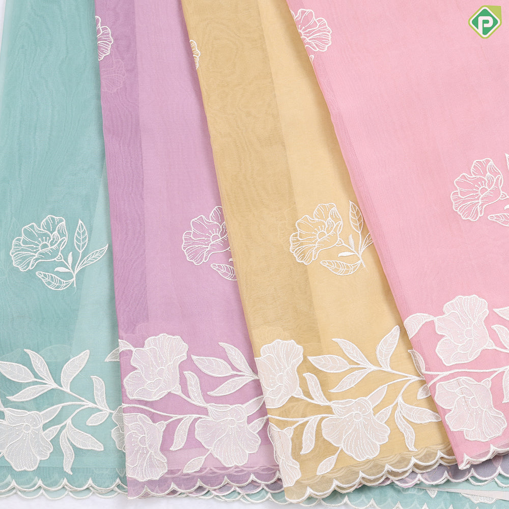 Eliche Green flower with Leaves Butta Embroidered design Semi Organza fancy saree