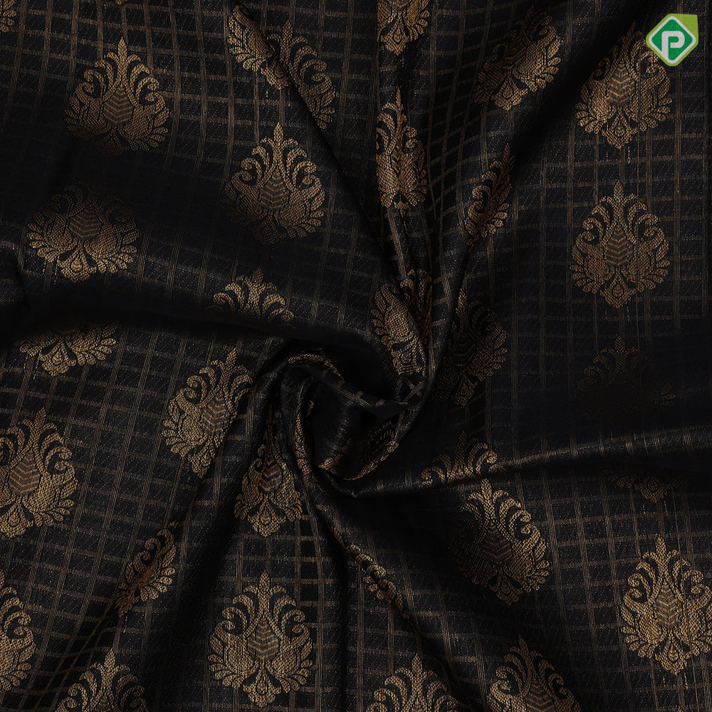 Black Colour Gold Zari Small Checked Thilagam Butta Design Green Colour Peacock Chagaram Border Design Luxury Black Silk Saree