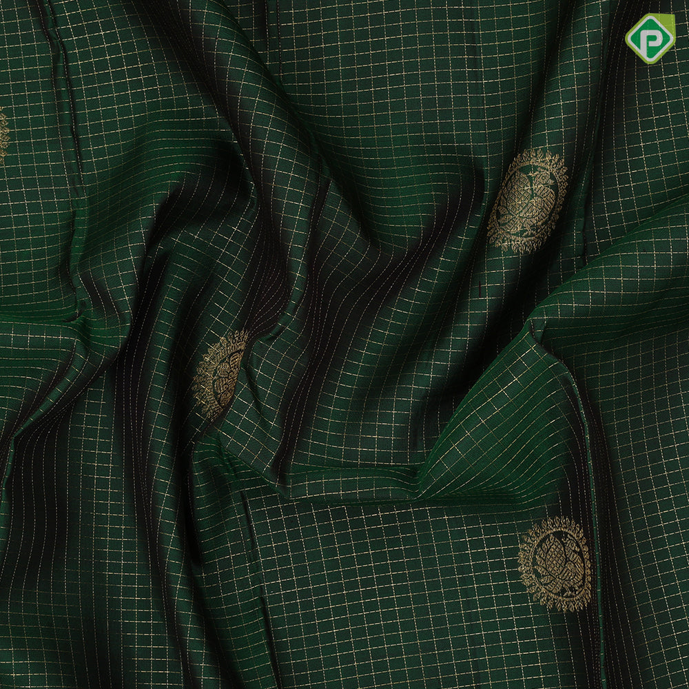 Bottle Green Gold Zari Small Checks Chagaram Butta Magenta Colour Elephant Yali Border Design Traditional Silk Saree