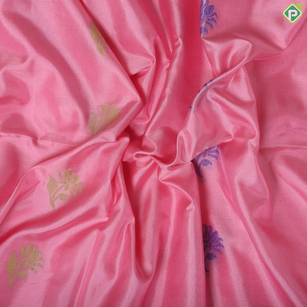 Baby Pink Plain weaved silver zari padded flower design border soft silk saree