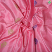 Baby Pink Plain weaved silver zari padded flower design border soft silk saree