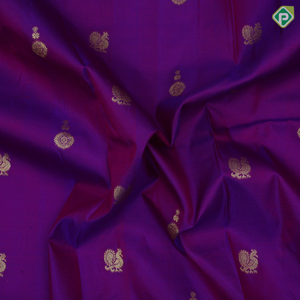 Dual shade purple gold zari chakkaram annam butta rani pink gold zari multi design border traditional silk saree