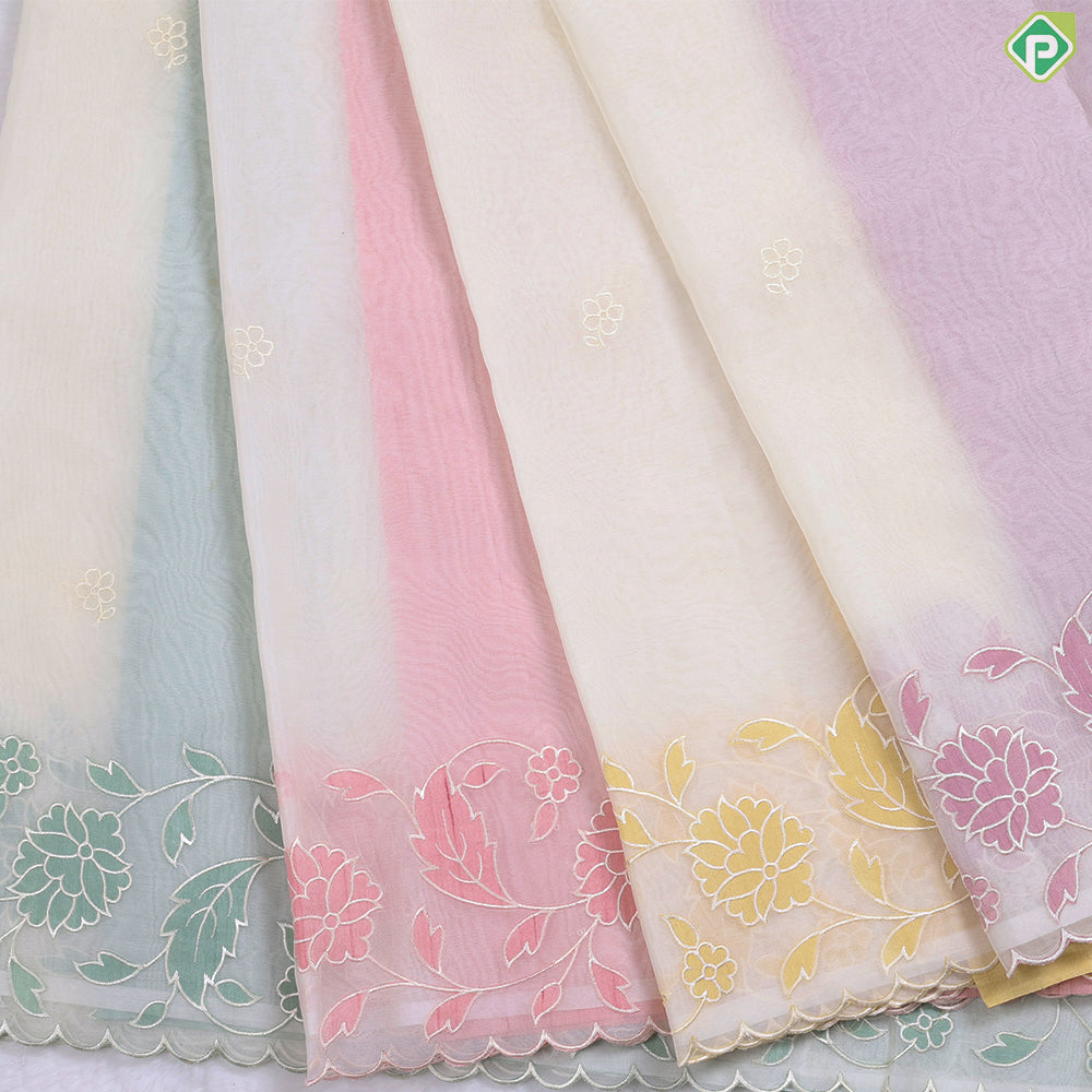 Creamy Green flower butta embroidered design semi organza fancy saree