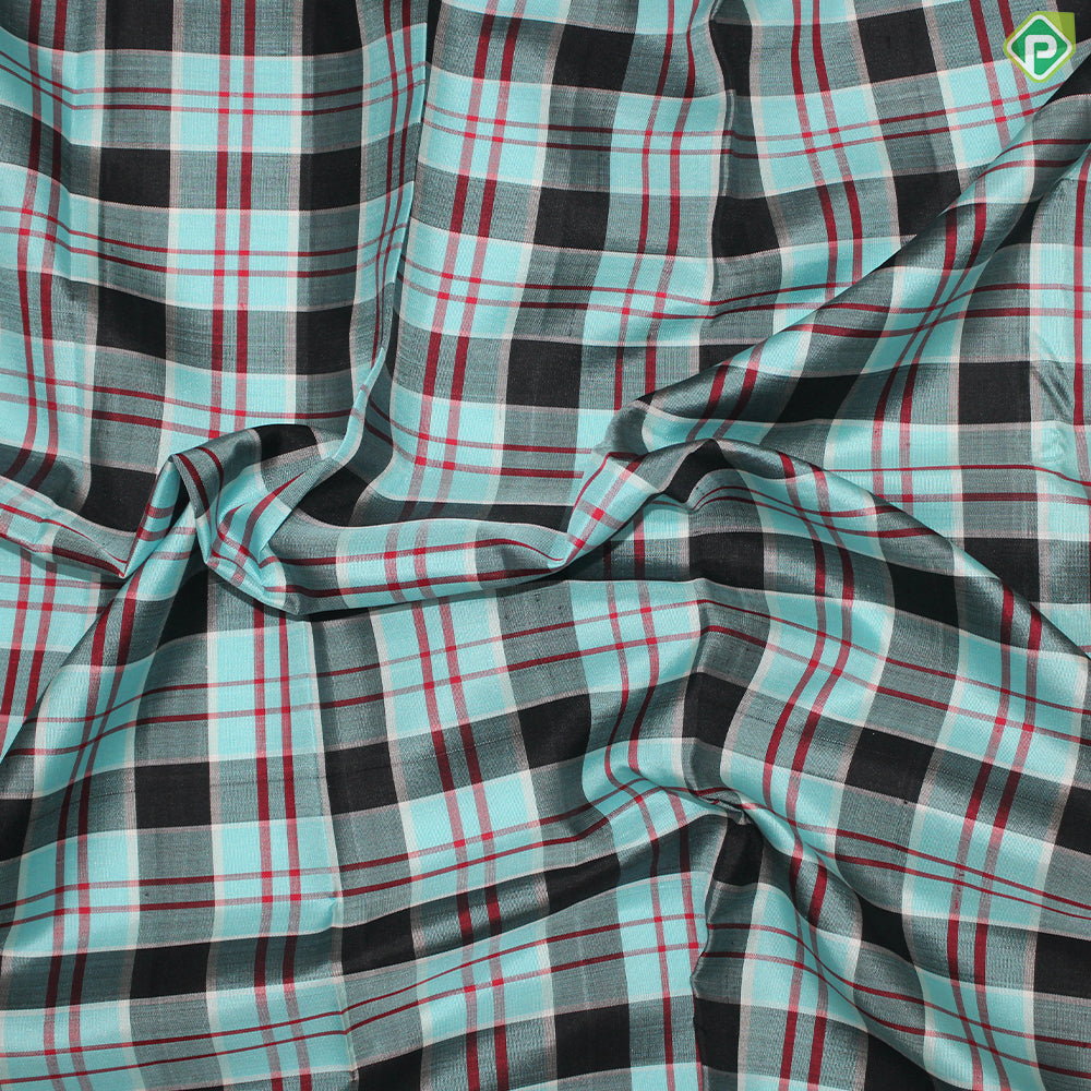 Aqua Blue With Multi Colour Checks Design Cardamom Green Border Traditional Silk Saree