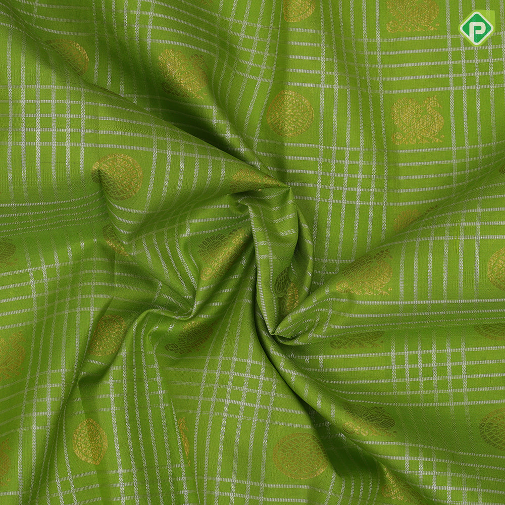 Parrot green Silver zari checks mid gold zari butta motifs lavender gold zari meena work lines border vintage silk saree