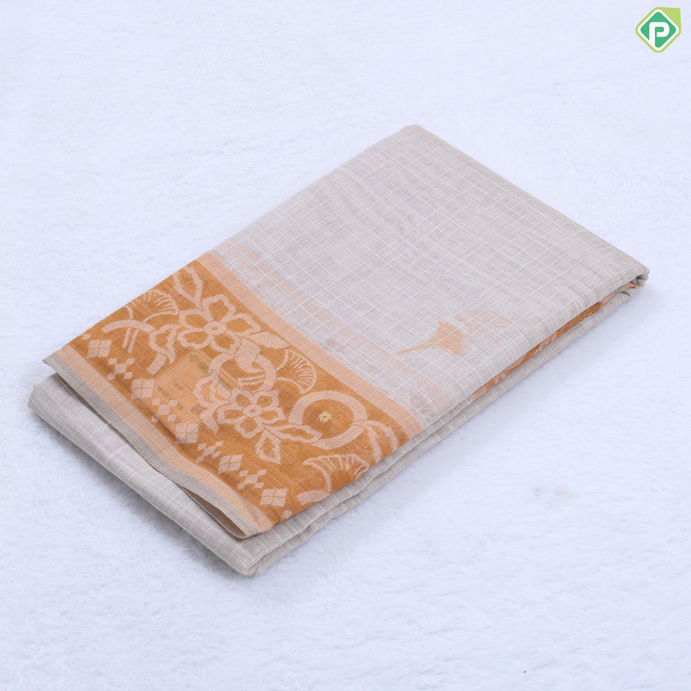 wood beige cream checked flower design contrast pink cream modern art border fancy cotton saree