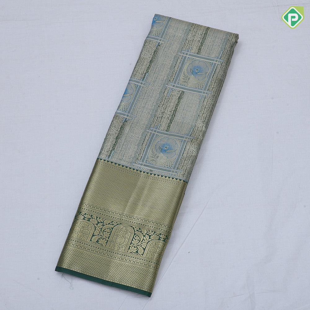 green base pastel red frame flower design self color gold zari grand border tissue art silk saree