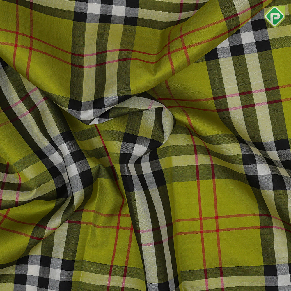 Apple green base multi color mardas checks design black color silver gold zari banaras style border traditional silk saree