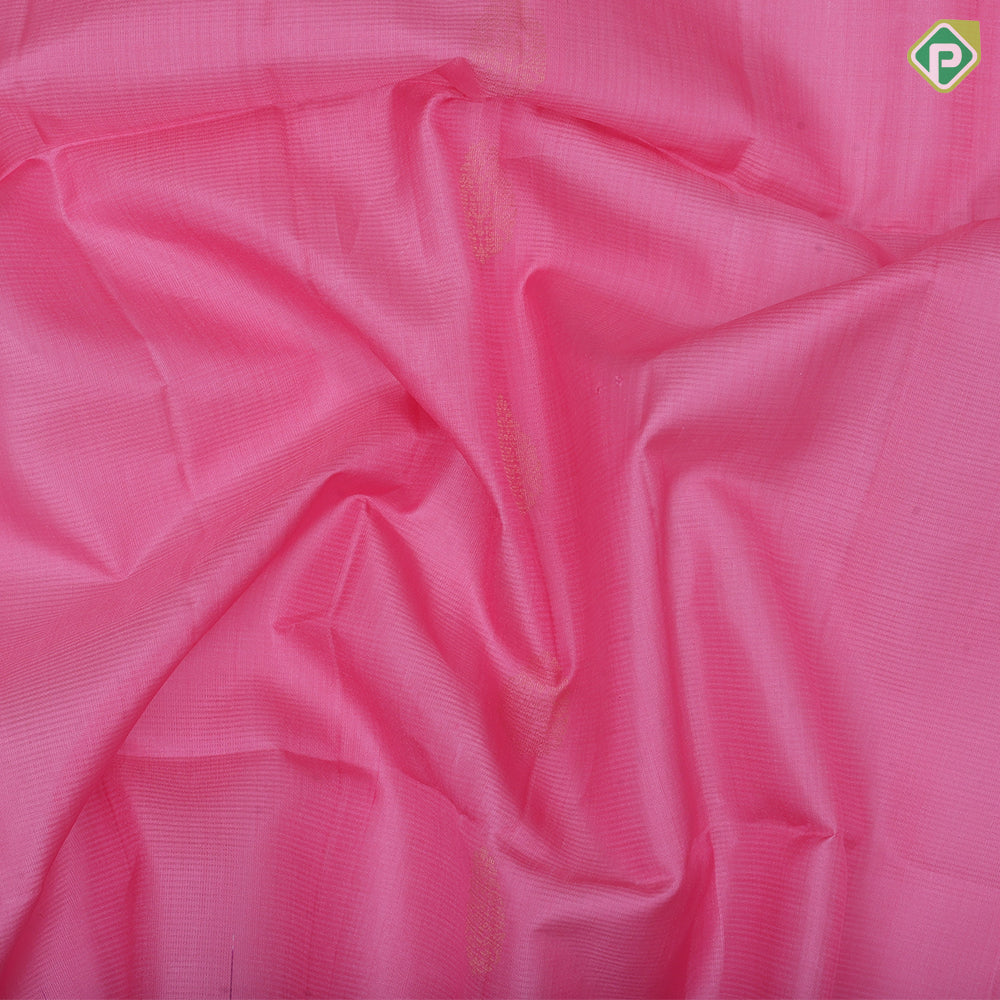 Baby pink gold zari fancy leaf butta motifs purple plain border contrast grand pallu soft silk saree