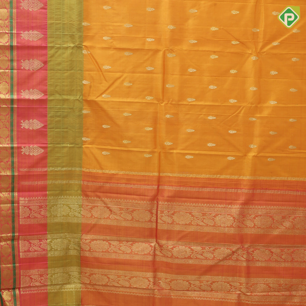 Mustard yellow gold zari fancy flower butta sage green pink gold zari rangoli design one side border silk saree
