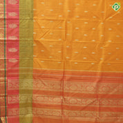 Mustard yellow gold zari fancy flower butta sage green pink gold zari rangoli design one side border silk saree