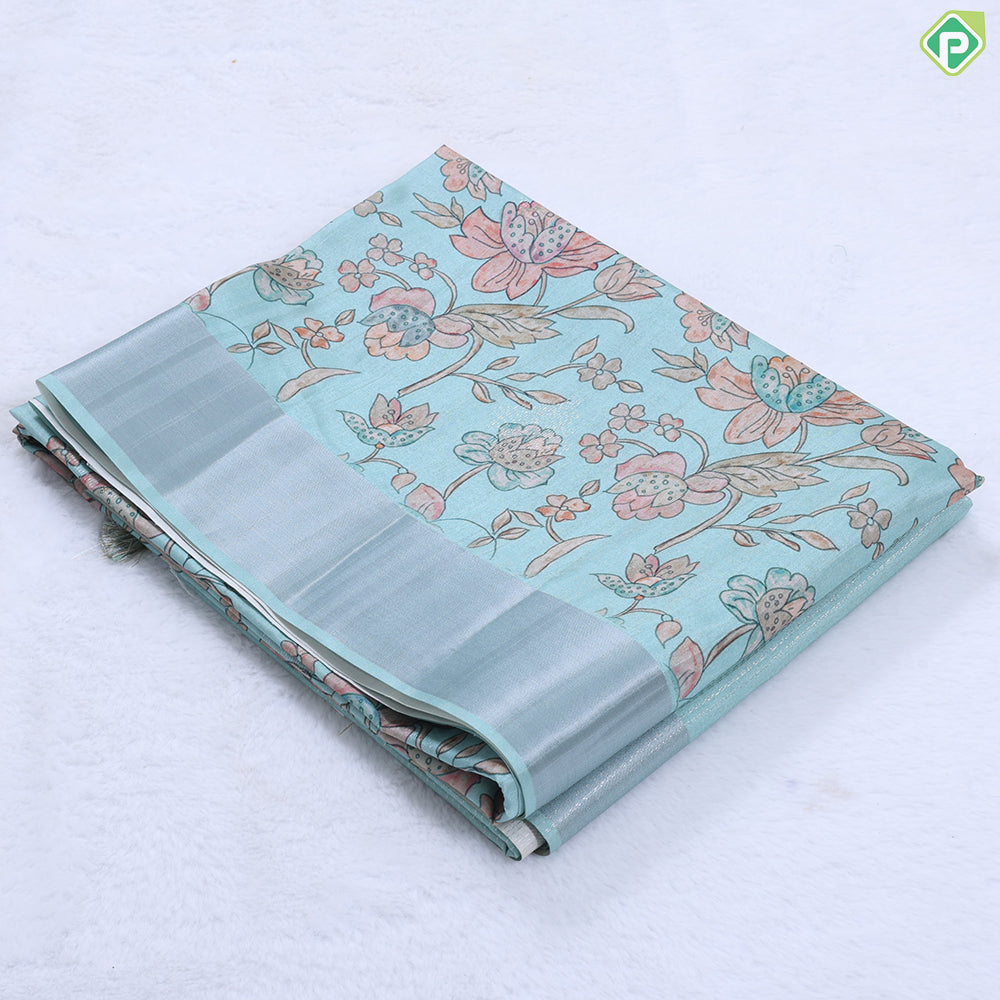 baby pink base kalamkari floral design silver zari border fancy cotton saree