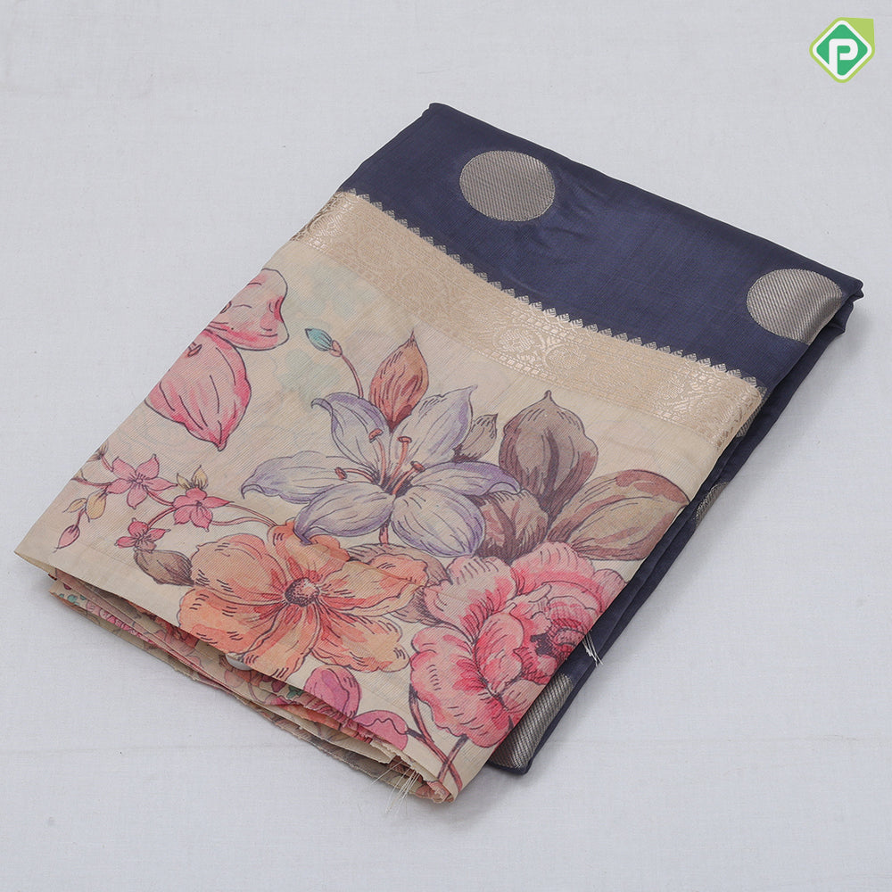 Peach Based Colour Small Coin Design Contrast Peacock Flower Border Fancy Cotton Saree