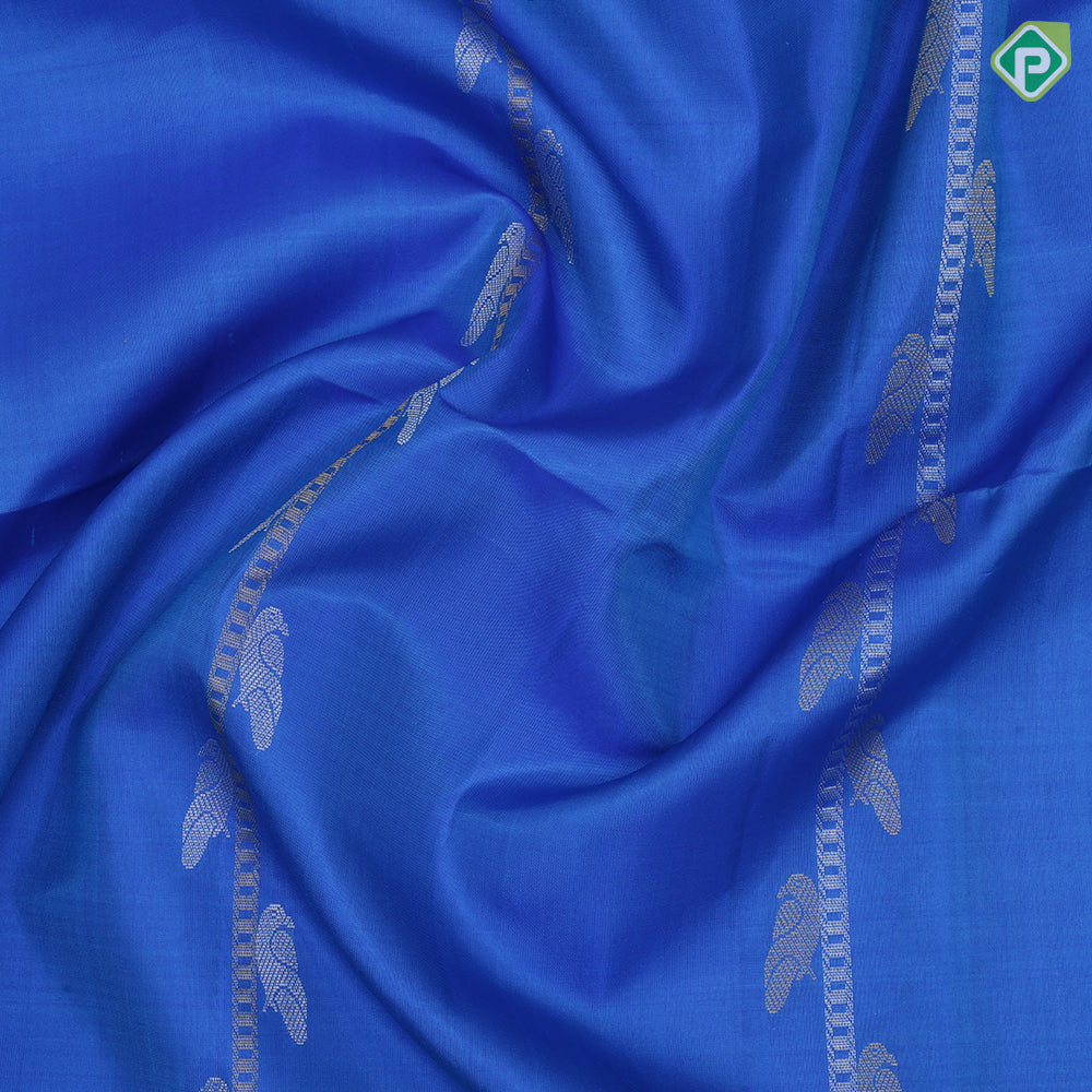 peacock blue silver gold zari bird on ladder design peacock green gold zari lines border soft silk saree