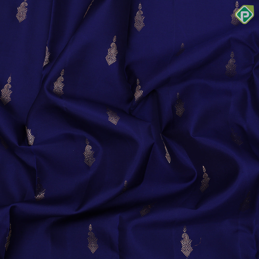 Indigo blue copper zari diamond mango butta self copper zari rangoli border traditional silk saree