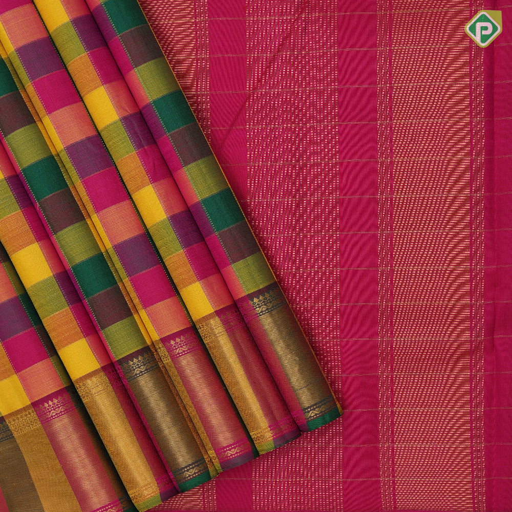 Multi colour gold zari checks design self gold zari bavanji border paalum pazhamun kattam silk saree