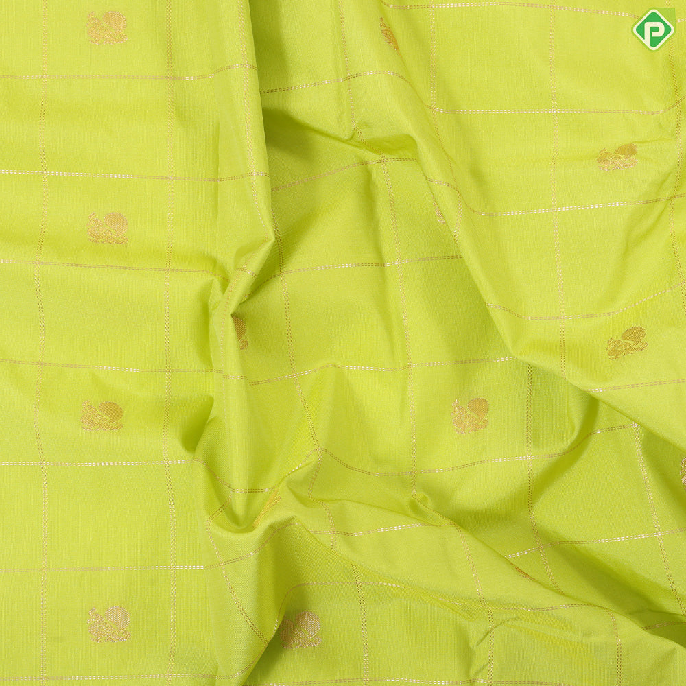 Parrot green gold zari checkered peacock butta design contrast purple rettapet border art silk gift saree