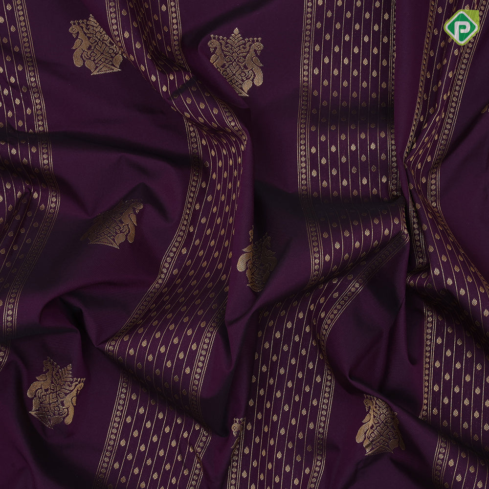 Violet gold zari peacock kalasam butta design turquoise gold zari bavanji border art silk saree