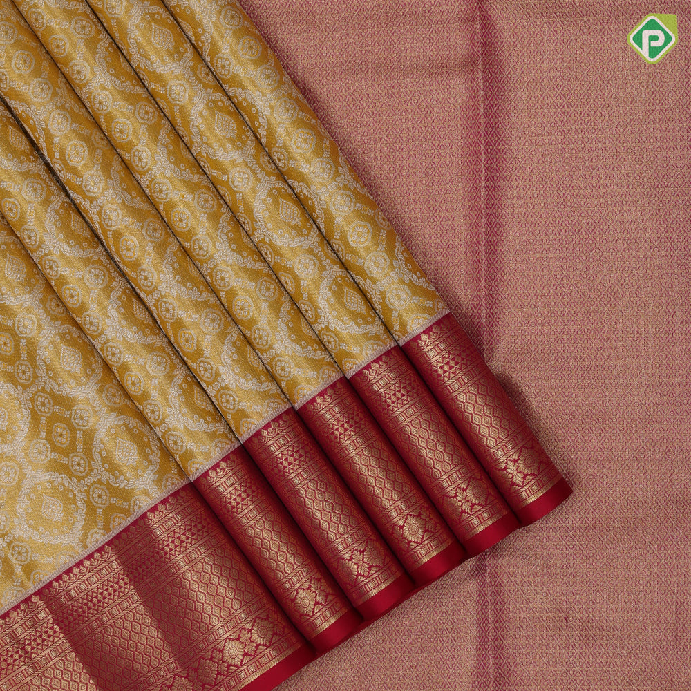 Mustard Yellow Gold Zari Flower Floral Design Chilly Red Colour Mayilkan Flower Border Design Wedding Silk Saree