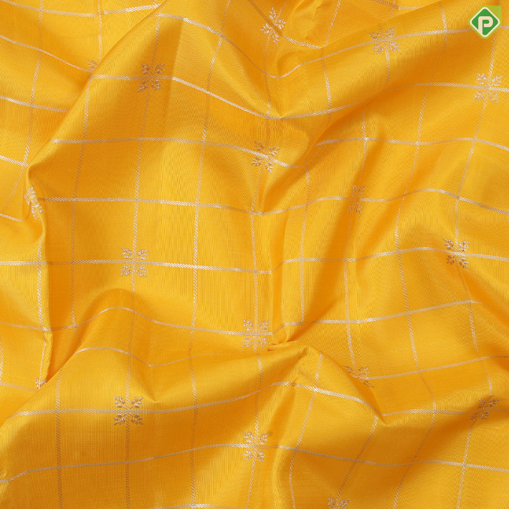 Cyber Yellow silver gold zari kattam (checkered) self peacock and creeper border Traditional silk saree