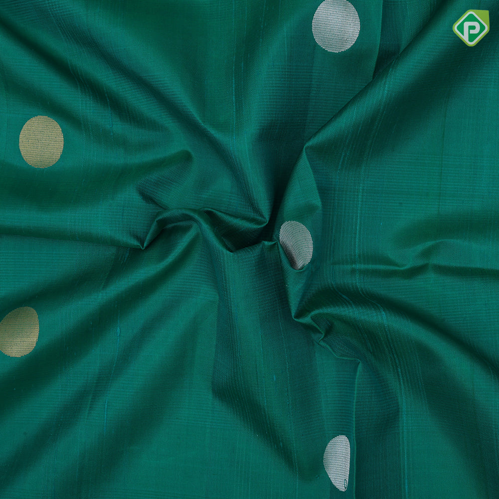 Emarald green silver gold zari round dots self gold zari border contrast orange pallu soft silk saree