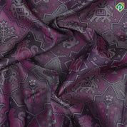 Purple base silver zari digital animation design orange with silver zari mayilkan border trendy designer silk saree