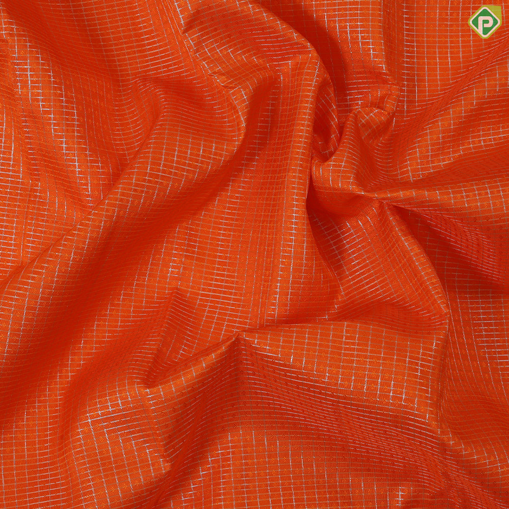 Fanta orange Silver Zari kattam (Checkered) design peach border traditional silk saree