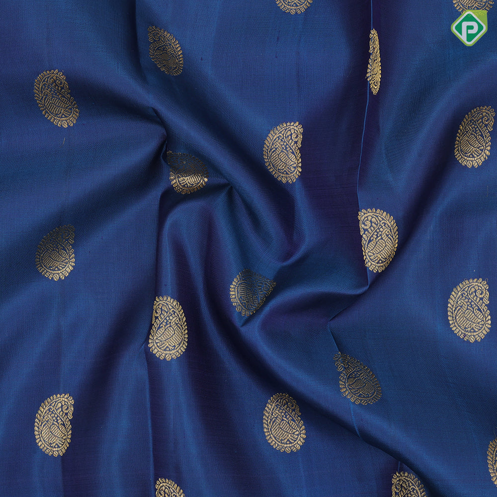 Peacock blue gold zari fancy round butta design contrast sandal gold zari peacock butta border traditional silk saree