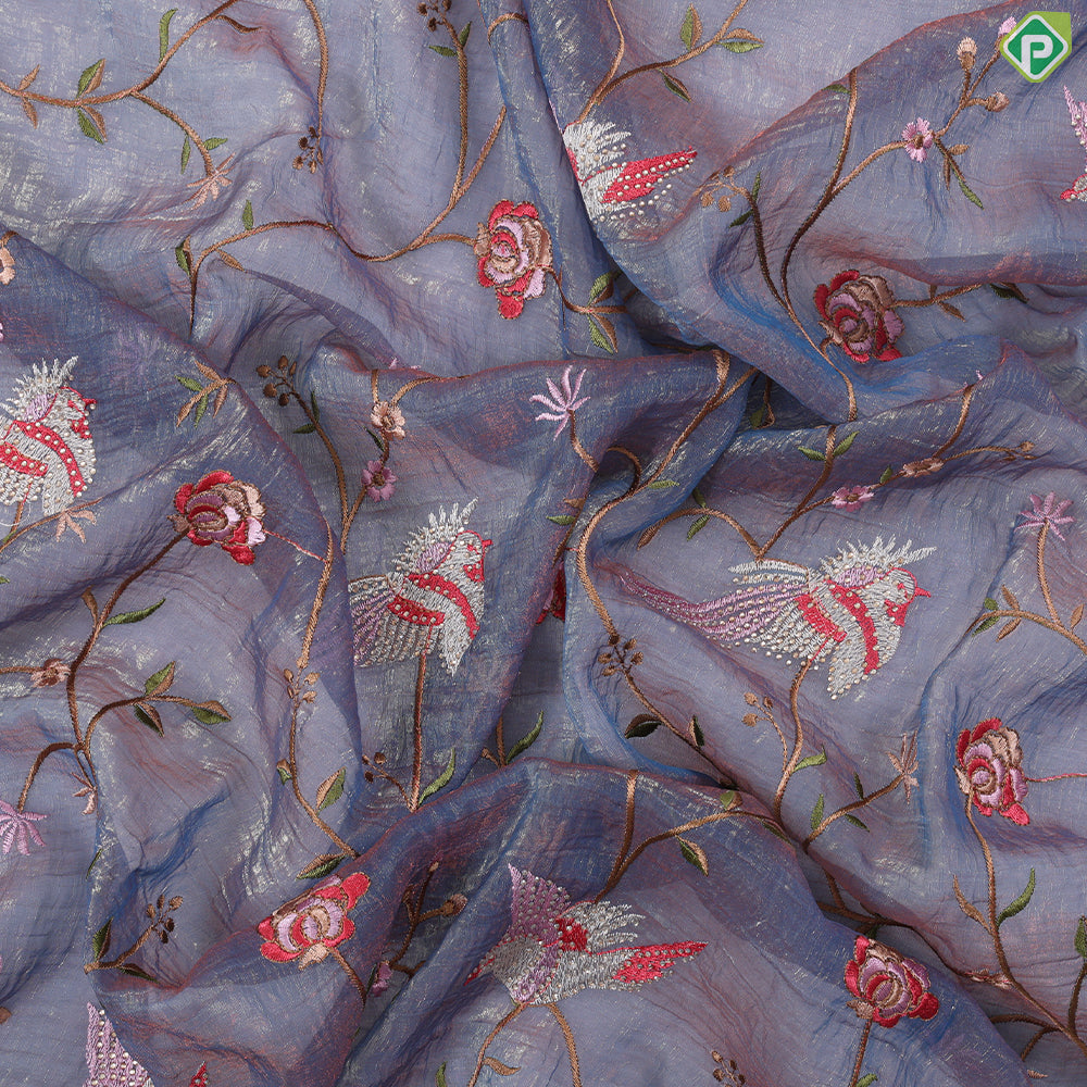 Porpoise grey tissue effect floral embroidered design edge cut work border Holly wood fancy saree