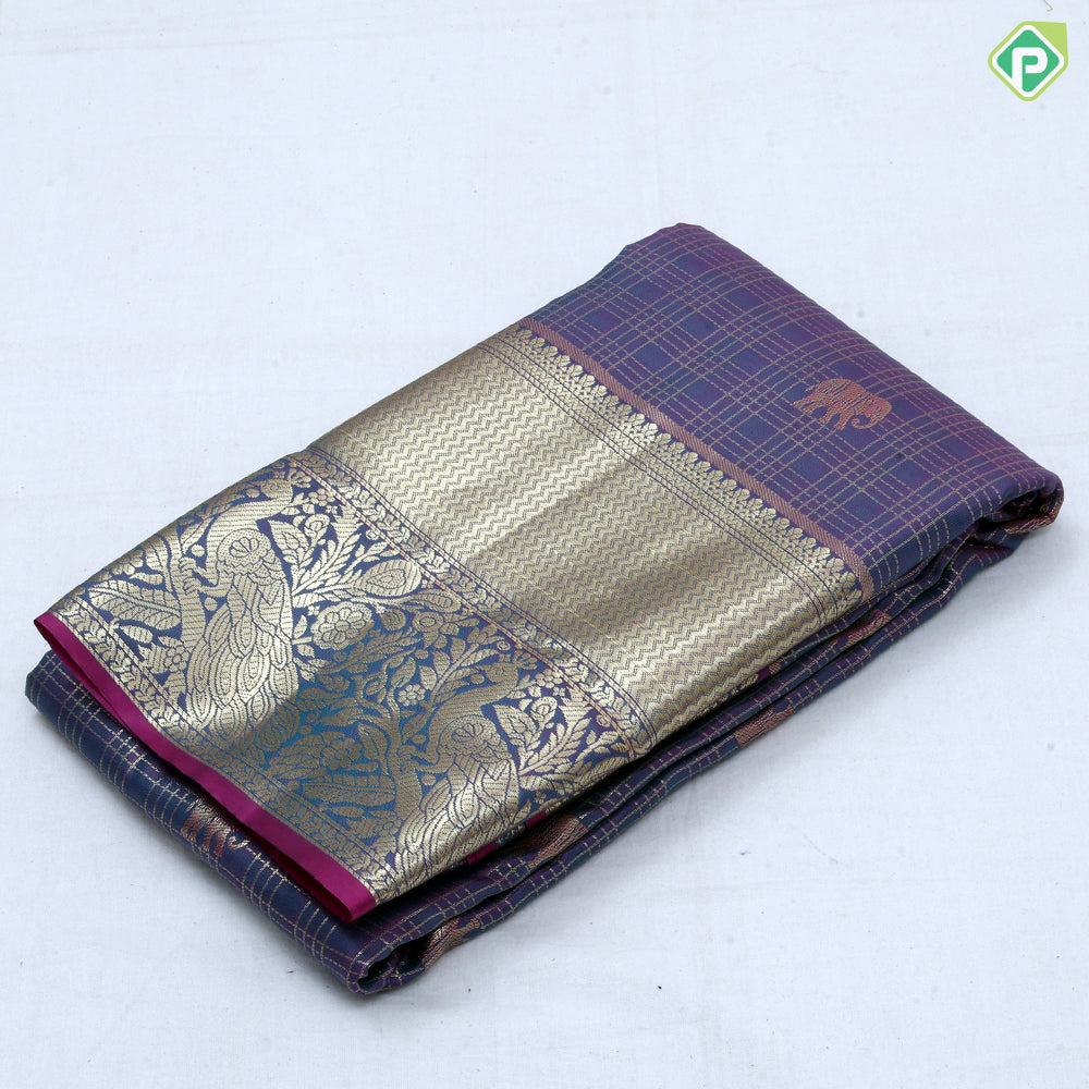 Pink gold zari checks and elephant butta design self gold zari peacock and zig zag border Art silk saree