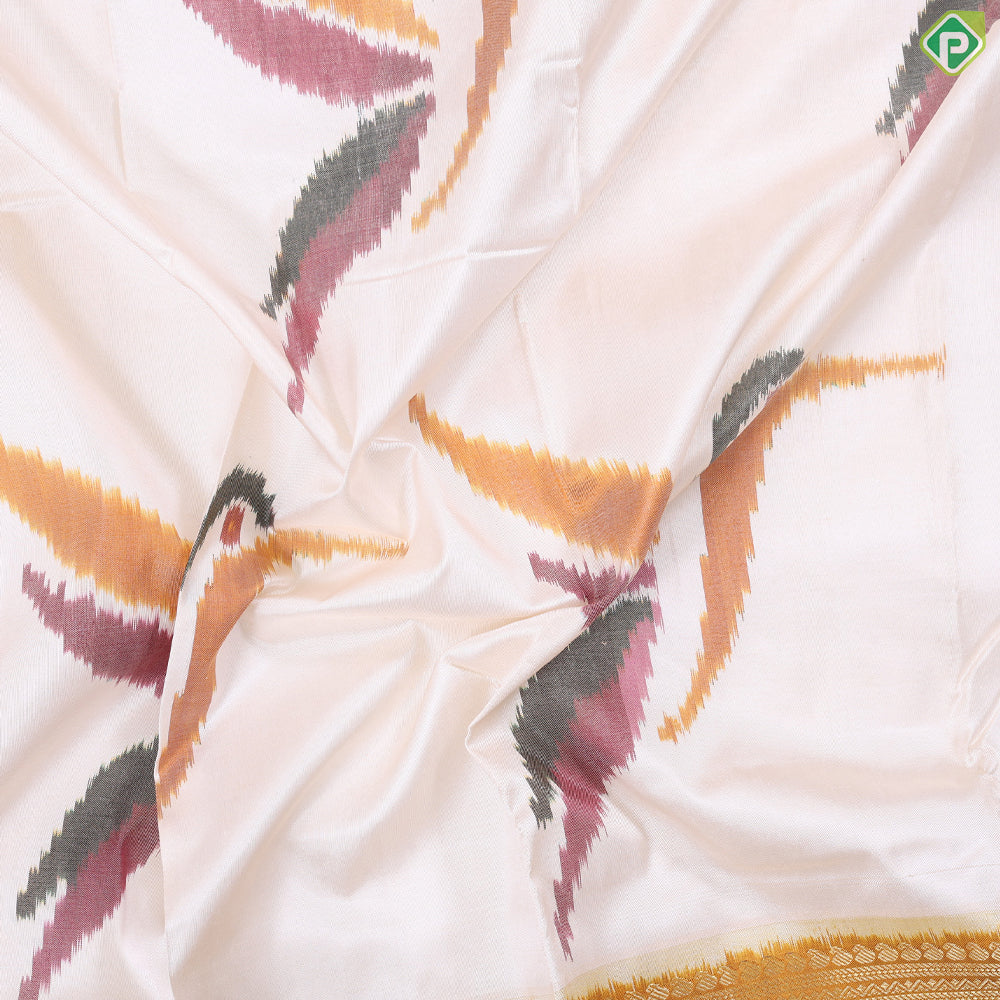 Cream white multicolor flying twitter ikkat design Mustard yellow gold zari multi lines border ikkat silk saree