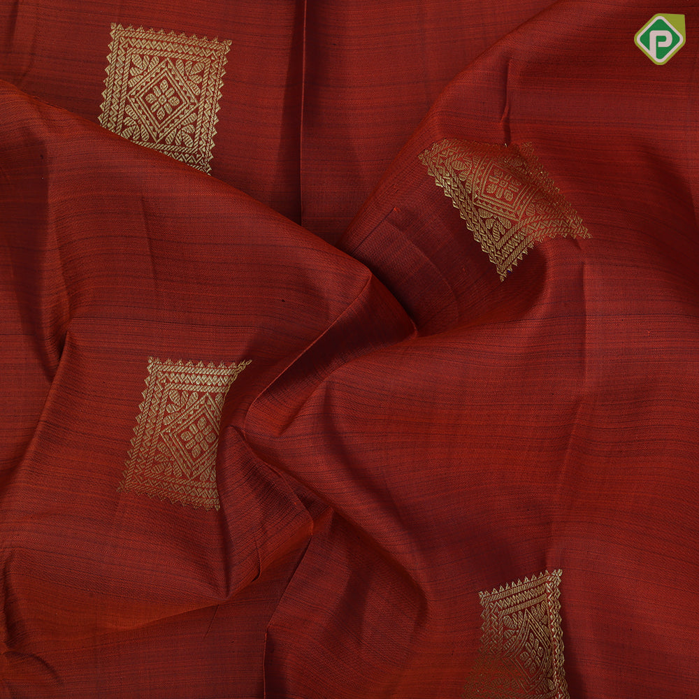 Rust Orange Gold Zari Checks Flower Butta Design Violet Mayilkan Border Design Traditional Silk Saree