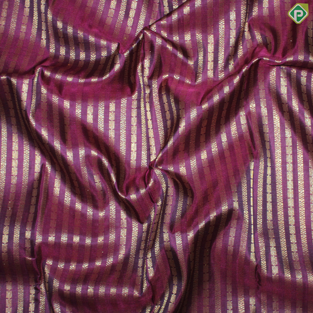 Purple With Gold Zari Stripes Contrast Green Border Traditional Silk Saree