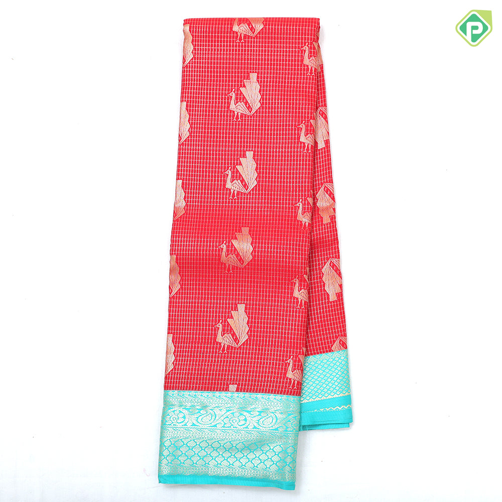 tomato red gold zari fancy peacock butta design rexona green silver gold zari mango border art silk saree