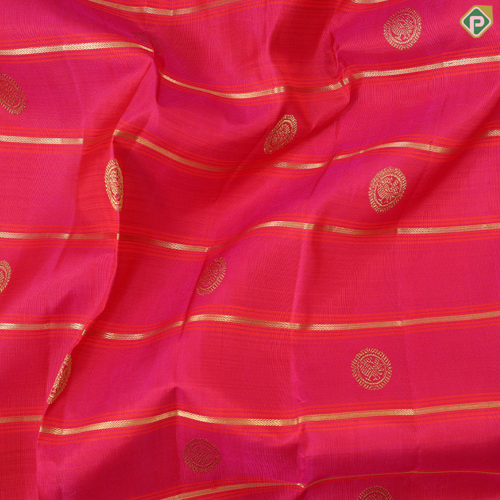Reddish pink with gold zari lines and butta design brick red gold zari rettapet gap border traditional silk saree