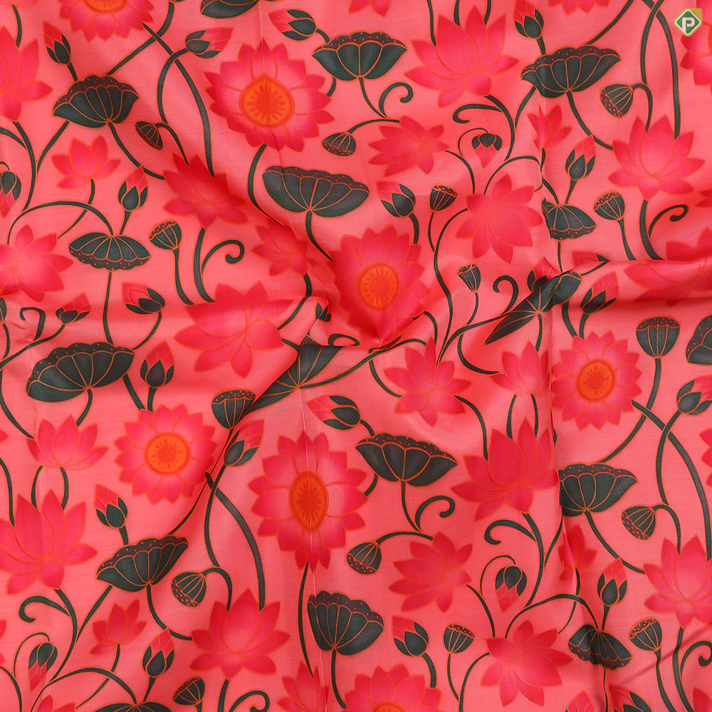 Rose Pink With Olive Green Lotus With Creeper Kalamkaari Style Mayilkan Border Digital Printed Silk Saree