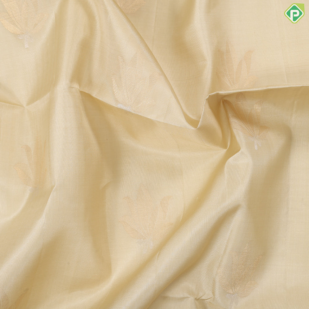 Beige silver gold zari fancy flower design self gold zari edge border soft silk saree