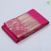 Rani pink gold zari double peacock deer round butta self gold zari flower and diamond border art silk saree