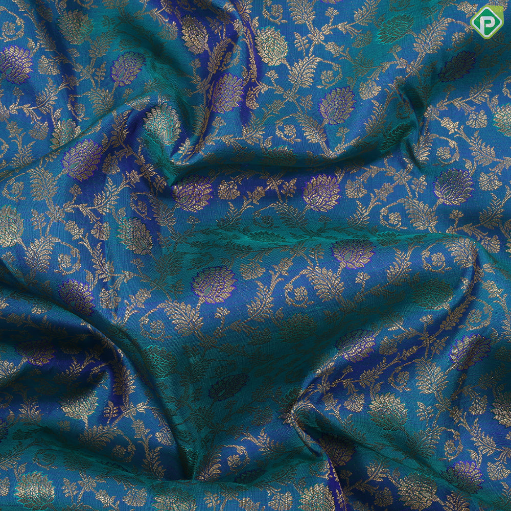 Peacock green gold zari meena work grand floral design self gold zari Stripes border grand bridal silk saree